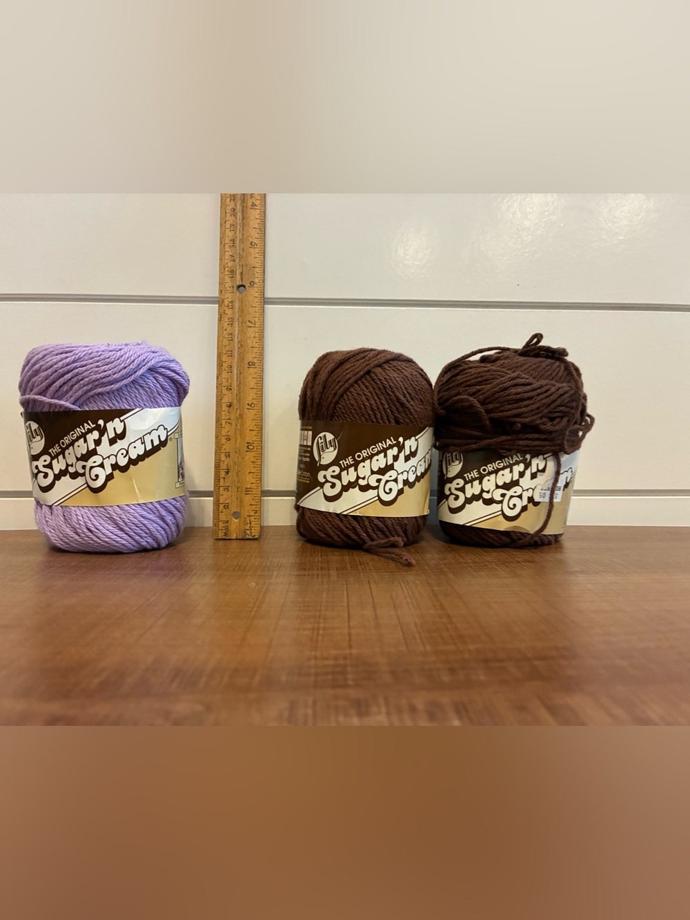 Sugar & Cream Cotton Yarn. 1 lavender, 2 warm brown